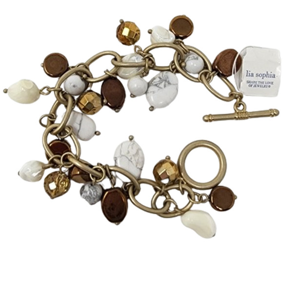 Lia Sophia Chain Link Bracelet 7" -Genuine Howlite, Mother-of-Pearl, Glass Beads - Picture 2 of 10